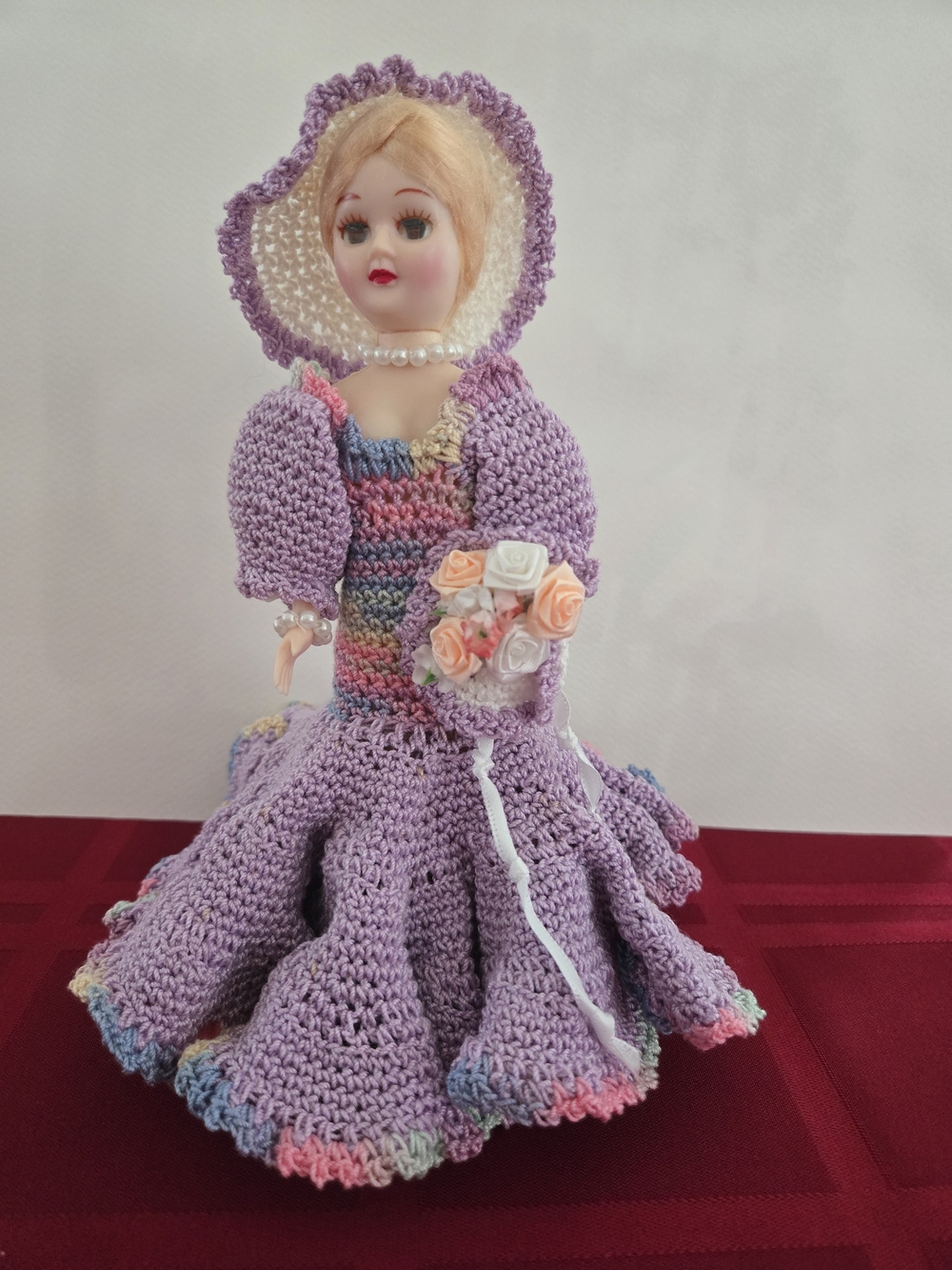 Doll With Lavender Hand Crochet Ruffle Dress with Bonnet